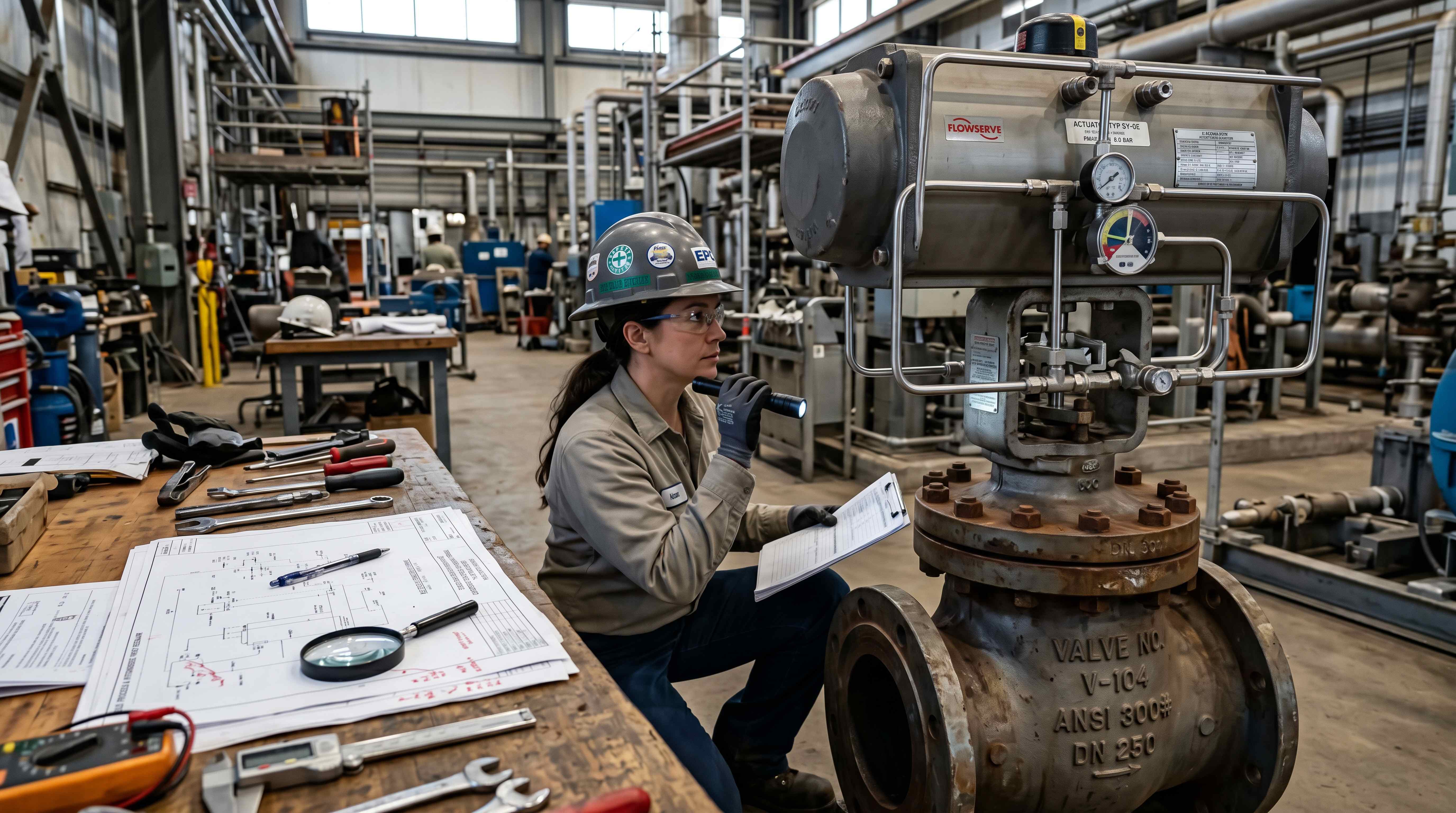 Engineer inspecting a large pneumatic valve actuator during industrial valve actuator selection and maintenance review